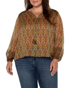 Plus Size Long Sleeve Double Layer Tie Front Woven Blouse