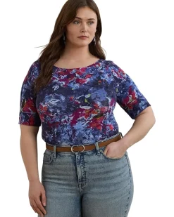 Plus Size Print Stretch Cotton Boatneck Tee