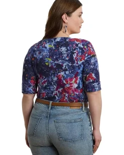 Plus Size Print Stretch Cotton Boatneck Tee