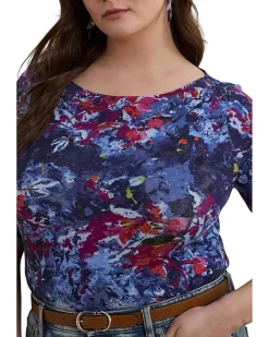 Plus Size Print Stretch Cotton Boatneck Tee