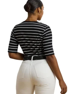 Plus Size Striped Cotton Elbow-sleeve V-neck Tee