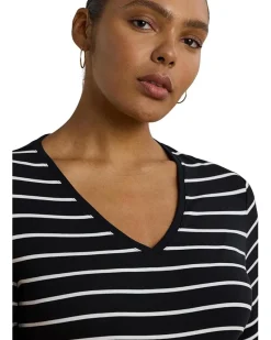 Plus Size Striped Cotton Elbow-sleeve V-neck Tee