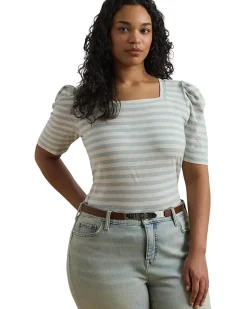 Plus Size Striped Cotton Jersey Puff-sleeve Tee