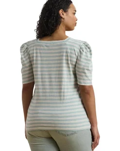 Plus Size Striped Cotton Jersey Puff-sleeve Tee