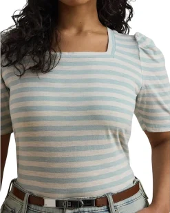 Plus Size Striped Cotton Jersey Puff-sleeve Tee