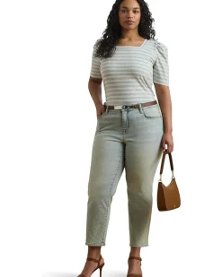 Plus Size Striped Cotton Jersey Puff-sleeve Tee