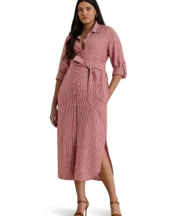 Plus Size Striped Linen Roll-tab-sleeve Shirtdress