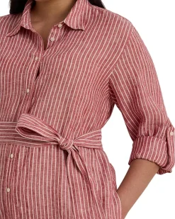 Plus Size Striped Linen Roll-tab-sleeve Shirtdress