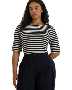 Plus Size Striped Stretch Cotton Boatneck Tee