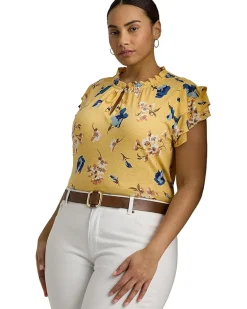 Plus-Size Floral Linen-Blend Jersey Tie-Neck Top