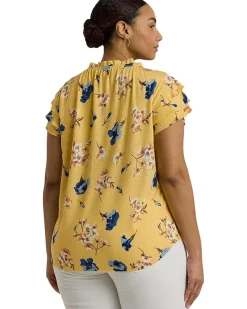 Plus-Size Floral Linen-Blend Jersey Tie-Neck Top