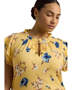 Plus-Size Floral Linen-Blend Jersey Tie-Neck Top
