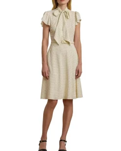 Polka-Dot Belted Crepe Tie-Neck Dress