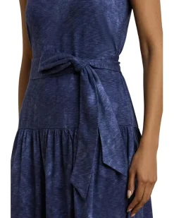 Print Belted Slub Jersey Tiered Dress