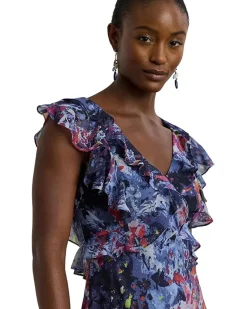 Print Ruffle-Trim Georgette Midi Dress