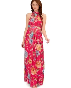 Printed Chiffon Mock Neck Halter Long Gown