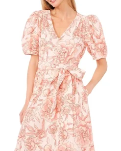 Printed Linen Puff Sleeve V-Neck Maxi Dress