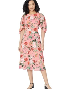 Printed Pebble Crepe Boatneck High-Low Flutter Sleeve Midi