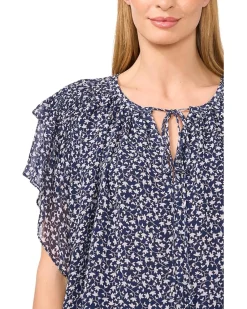 Printed Tie Neck Double Ruffled Sleeve Top