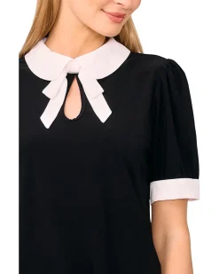Puff Short Sleeve Contrast Collar & Bow Top