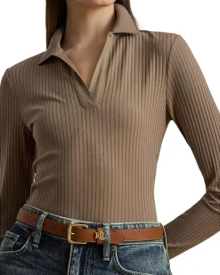 Rib-Knit Long-Sleeve Polo Top
