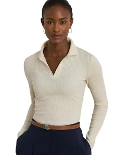 Rib-Knit Long-Sleeve Polo Top