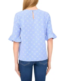 Ruffle Cuff Embroidered Crew Neck Top