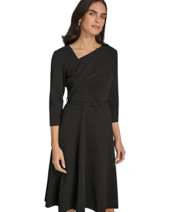 Scuba Crepe Asym Rouched Neck Midi With Belt