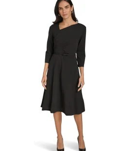 Scuba Crepe Asym Rouched Neck Midi With Belt