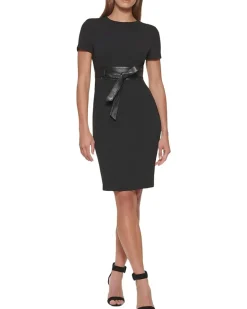 Scuba Crepe Short Sheath Dress with Faux Leather Belt