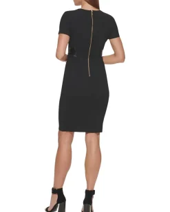 Scuba Crepe Short Sheath Dress with Faux Leather Belt