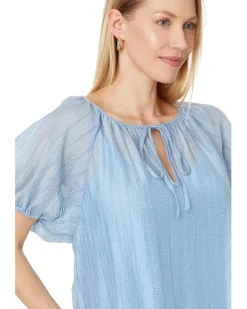 Shirred V Neck Blouse W Short Puff Slvs