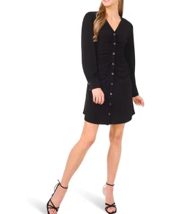 Shirred V-Neck Button Down Dress