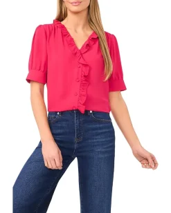 Short Puff Sleeve Button Down Ruffled Top
