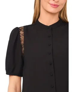 Short Sleeve Button Front Lace Trim Top