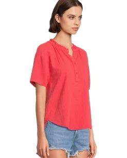 Short Sleeve Ruffle Neck Henley Top