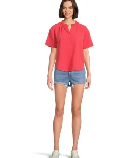 Short Sleeve Ruffle Neck Henley Top