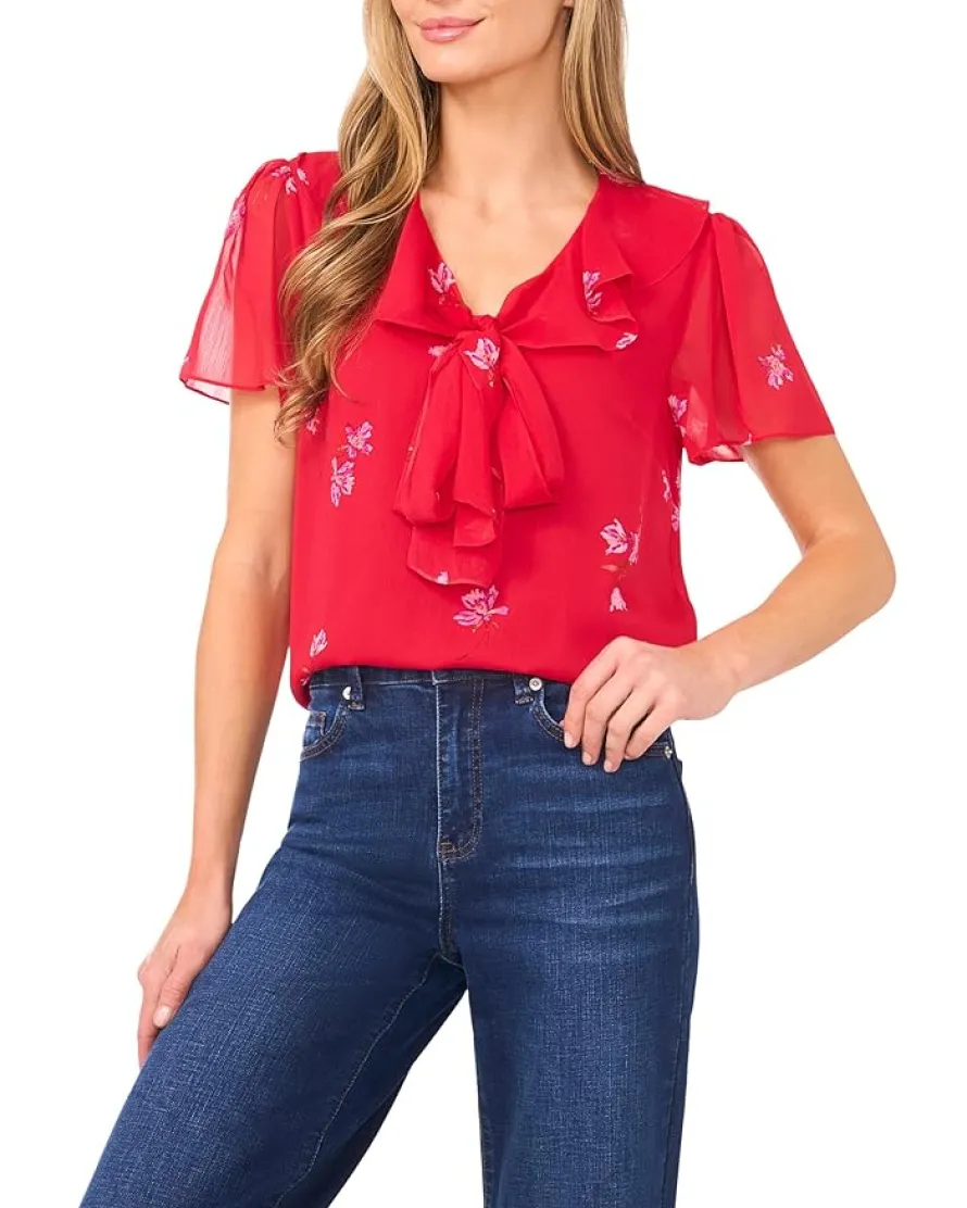 Short Sleeve Ruffle Tie Neck Top
