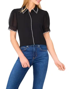 Short Sleeve Scallop Contrast Trim Button Up Top