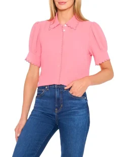 Short Sleeve Scalloped Collar & Cuff Button-Up Blouse