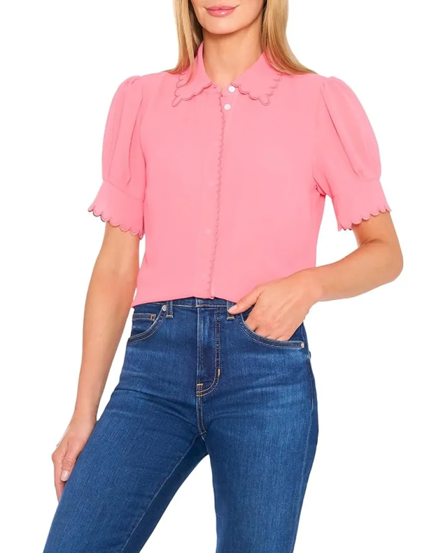 Short Sleeve Scalloped Collar & Cuff Button-Up Blouse