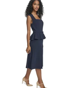 Short Sleeve Scuba Crepe Belted Peplum Aline