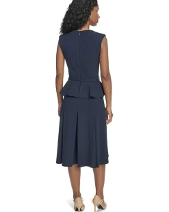 Short Sleeve Scuba Crepe Belted Peplum Aline