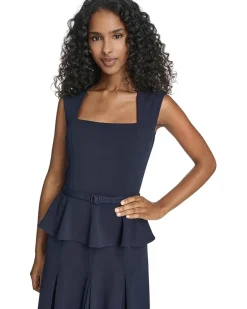 Short Sleeve Scuba Crepe Belted Peplum Aline