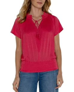 Short Sleeve Smocked Raglan Knit Top with Neck Tie