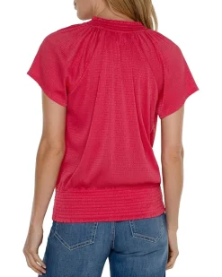 Short Sleeve Smocked Raglan Knit Top with Neck Tie