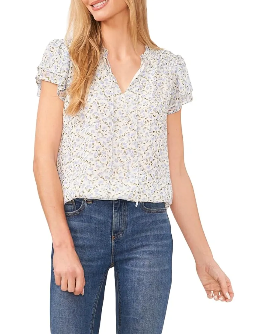 Short Sleeve Tie V-Neck Blouse