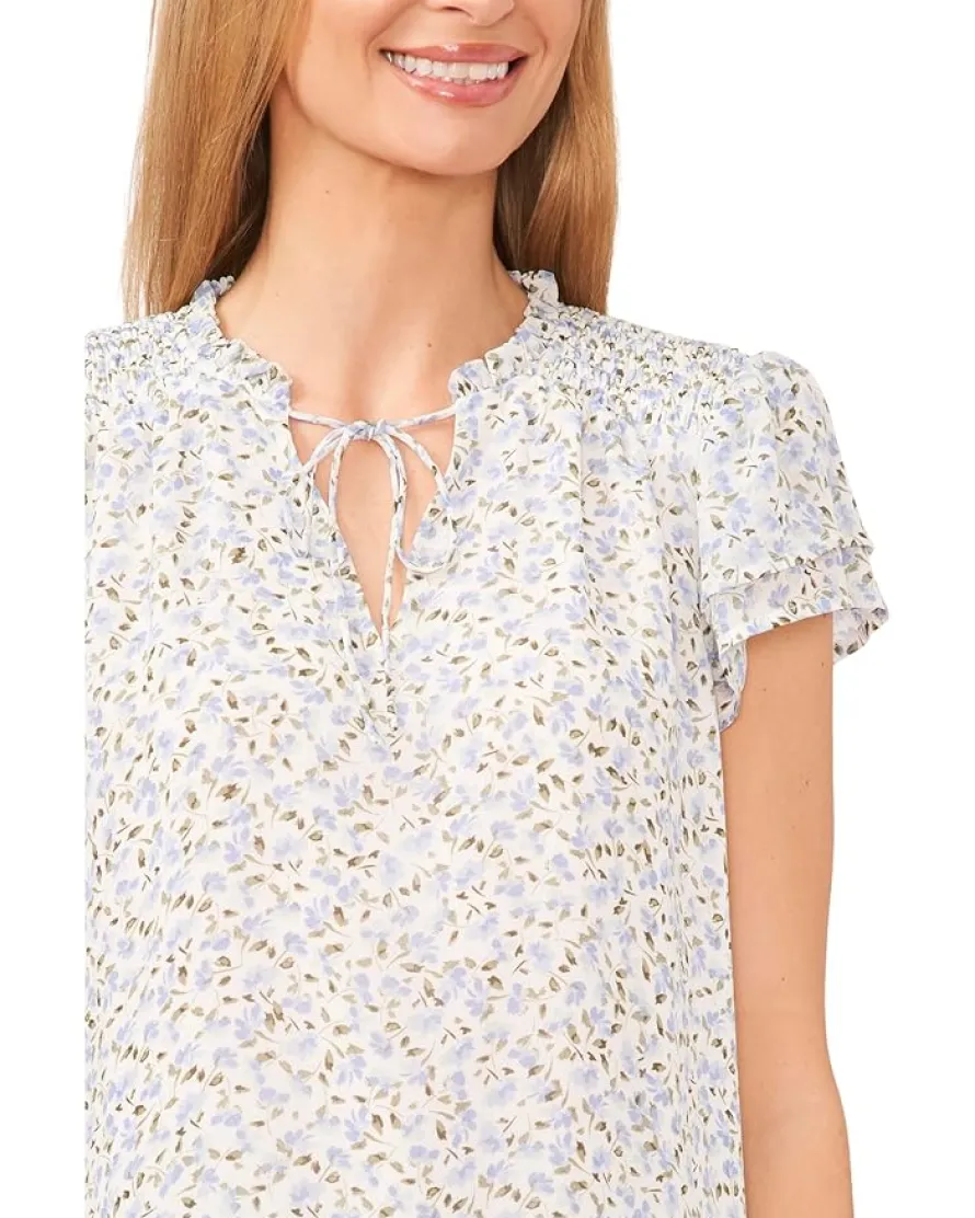 Short Sleeve Tie V-Neck Blouse