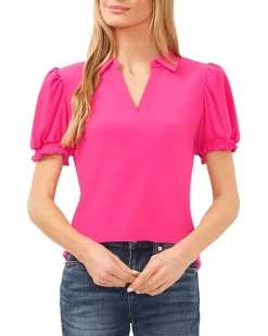 Short Sleeves Split Neck Collared Top