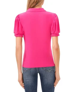 Short Sleeves Split Neck Collared Top
